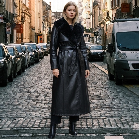 Vintage style SHEIN Black Faux Leather Long Trench Coat with Shearling Collar - Picture 9 of 17